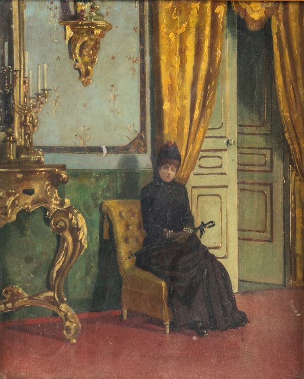 Bernardo Celentano - L'attesa - Olio su tela riportata su cartone - Non firmato attribuito sul retro 2 ceralacche con stemma di Pio XI - cm 35 x 27