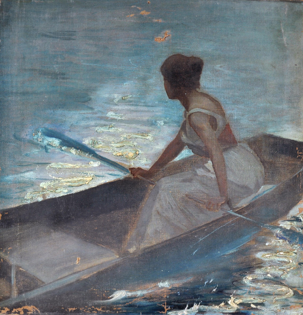 Ettore Tito - In barca - Olio su tela - cm 41 x 40
