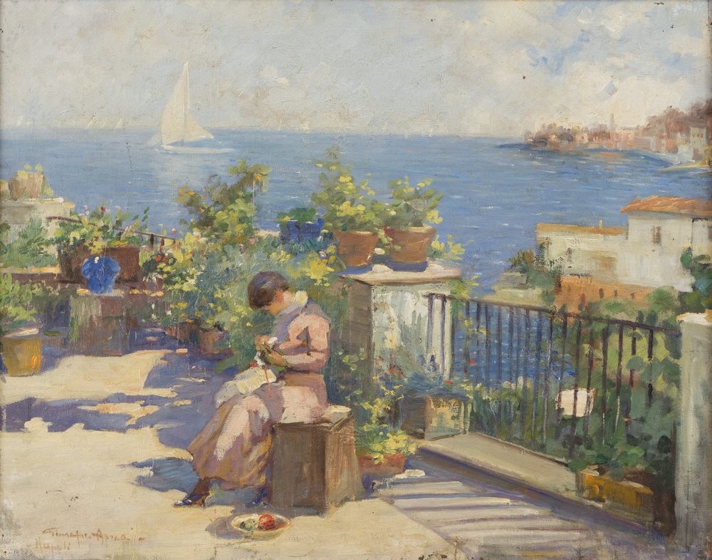 Giuseppe Aprea - Terrazza sul mare - Olio su tela - cm 43 x 53