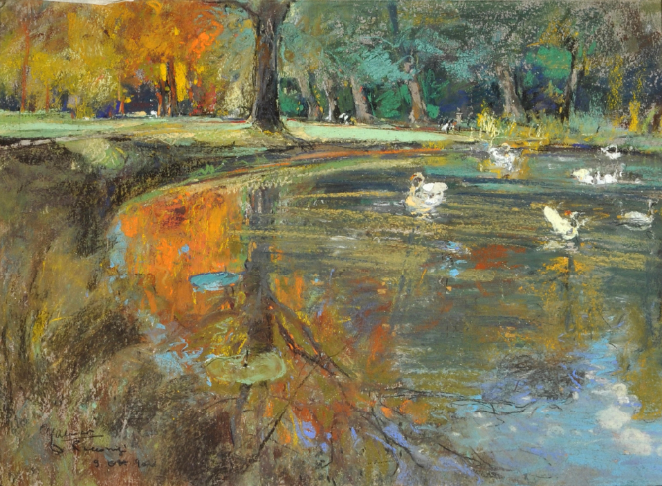 Giuseppe Casciaro - Lago con cigni a Racconigi - 1906 - Pastello su carta - cm 25 x 34